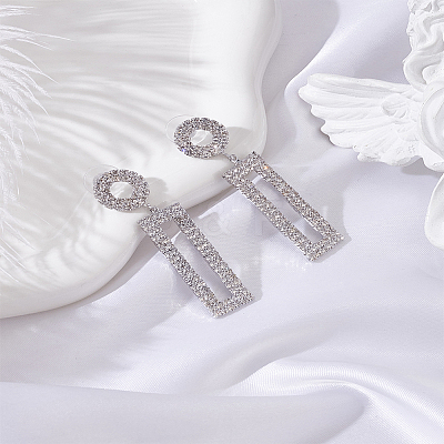 1 Pairs Brass Rhinestone Ring with Rectangle Dangle Stud Earrings for Women EJEW-LP0001-91P-1