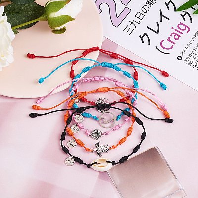 Natural Cowrie Shell & Tree & Turtle & Wave Link Bracelets Set BJEW-SW00030-1