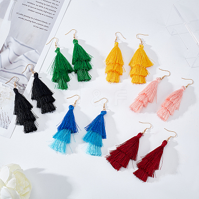 6 Pairs 6 Colors Cotton Triple Layer Tassel Dangle Earrings EJEW-AN0001-64-1