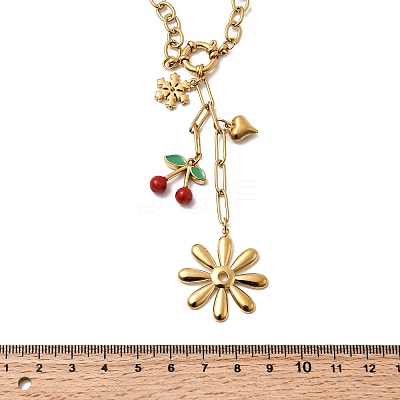 304 Stainless Steel Enamel Red Cherry Flower Heart Pendant Necklaces for Women NJEW-G181-11G-1
