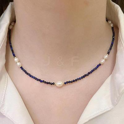 Elegant Natural Freshwater Pearl Rice & Natural Lapis Lazuli Faceted Round Beaded Necklaces for Women HF8817-1