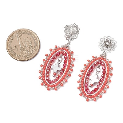 Cross Oval Glass Seed Bead Woven Stud Earrings EJEW-MZ00595-01-1