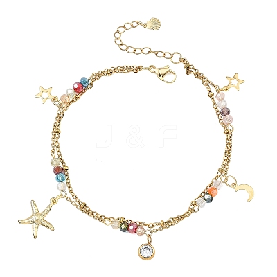 Ocean Faceted Rondelle Electroplate Glass 2-Strand 304 Stainless Steel Starfish Charm Anklets for Women AJEW-AN00793-01-1