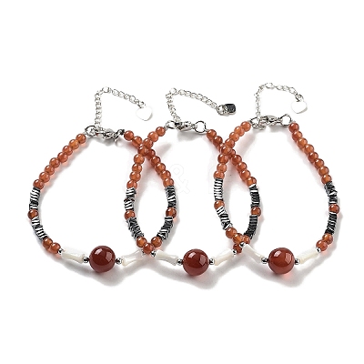Natural Carnelian Round & Synthetic Non-magnetic Hematite & White Shell Beaded Bracelets for Women BJEW-K251-02C-1