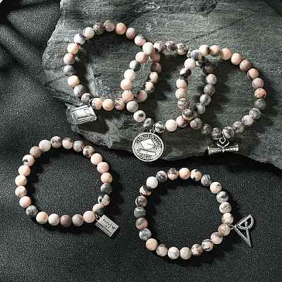 Natural Pink Zebra Jasper Round Beaded Stretch Bracelet BJEW-JB09792-1