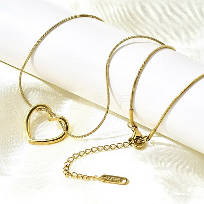 201 Stainless Steel Hollow Heart Pendant Snake Chain Necklaces for Women NJEW-B124-03G-1