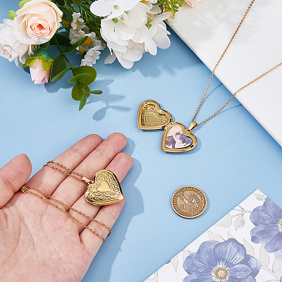 2Pcs 316 Surgical Stainless Steel Heart Photo Locket Pendant Cable Chain Necklaces for Women NJEW-DC0001-15G-1