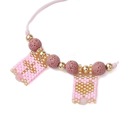 Natural Lava Rock & Natural Rose Quartz & Glass Seed Beaded Braided Bracelets BJEW-MZ00063-02-1