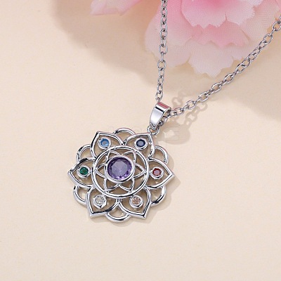 Chakra Lotus Flower Brass Pave Colorful Cubic Zirconia Pendant Necklaces for Women FS-WG17A97-01-1