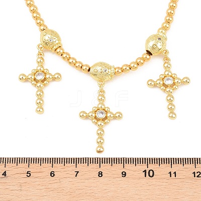 Brass Micro Pave Clear Cubic Zirconia Cross Pendant Round Beaded Bib Necklaces for Women NJEW-F364-04G-1