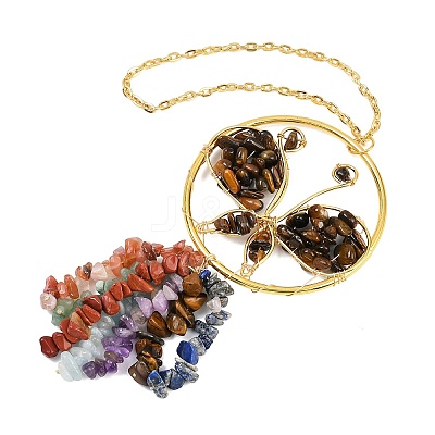 Butterfly Brass & Natural Tiger Eye Pendant Decorations HJEW-Z007-04G-03-1