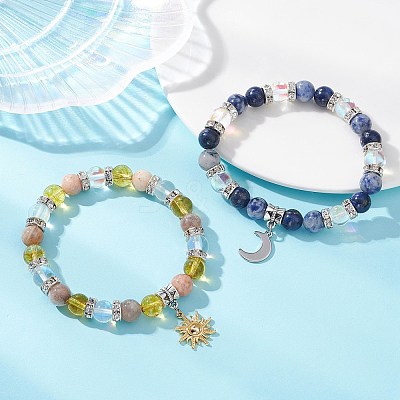 2Pcs 2 Styles 304 Stainless Steel & Brass Celestial Sun & Moon Couple Bracelet Set BJEW-TA00718-1