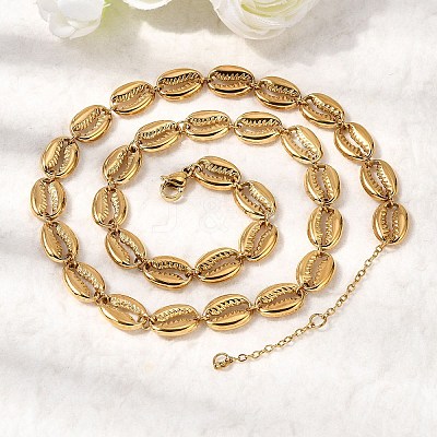 Ocean Beach 304 Stainless Steel Shell Shape Link Chain Necklaces for Women STAS-H258-01G-1