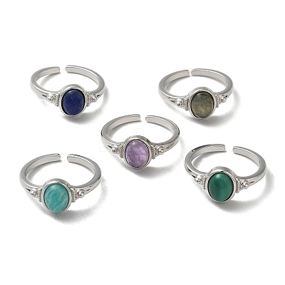 Natural Mixed Gemstone Oval Open Cuff Rings RJEW-M155-07P-1