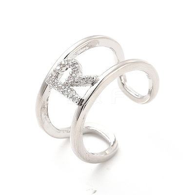Clear Cubic Zirconia Initial Letter Open Cuff Ring RJEW-A012-01P-R-1