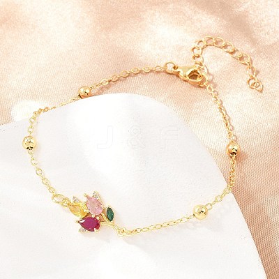 Brass Pave Colorful Cubic Zirconia Flower Link Bracelets for Women KK-CBA68DA-04G-1