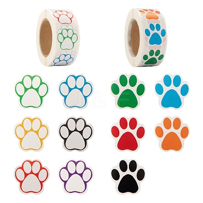 6 Rolls 2 Style Flat Round Paw Print Pattern Tag Stickers DIY-LS0003-54-1