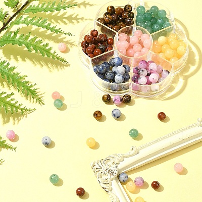 175Pcs 7 Styles Round Natural Tiger Eye & Green Aventurine & Red Jasper & Topaz Jade & Dyed Persian Jade & Blue Spot Jasper & Yellow Jade Box Sets DIY-FS0007-08-1