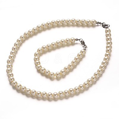 Stainless Steel Dyed Glass Pearl Round Bead Strands and Bracelets Jewelry Sets SJEW-M039-01B-1