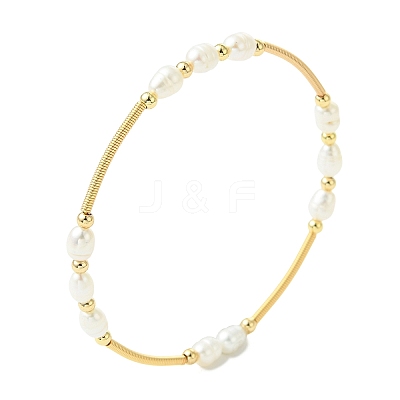 Rice Natural Cultured Freshwater Pearl & Brass Beaded Copper French Wired Bangles BJEW-JB13981-1