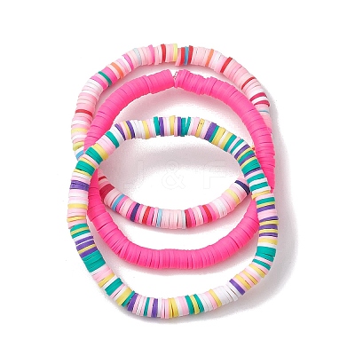 3Pcs 3 Colors Polymer Clay Disc Beaded Stretch Bracelet Sets BJEW-JB10439-02-1