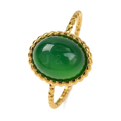 Oval Natural Dyed & Heated Green Onyx Agate Finger Rings RJEW-Q822-55G-01-1