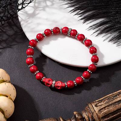 4Pcs 4 Colors Halloween Brass Crystal Rhinestone & Dyed Synthetic Turquoise Skull & Round Beaded Stretch Bracelet Sets for Men Women BJEW-JB12254-1