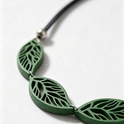 Boho Hollow Wood Leaf Beaded Black Multi-Strand PU Leather Necklaces for Women WGCAA73-01-1