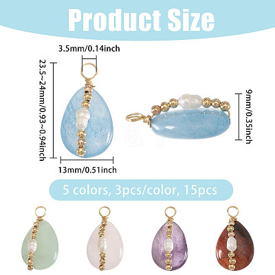 15Pcs 5 Colors Copper Wire Wrapped Natural Amethyst & Brecciated Jasper & Green Aventurine & Rose Quartz & Aquamarine Teardrop Pendants PALLOY-FH00152-1