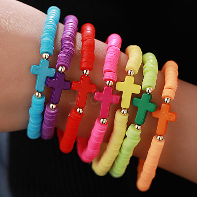 7Pcs Bohemia Srtyle Polymer Clay Heishi Beaded Stretch Bracelets FS-WG10640-06-1