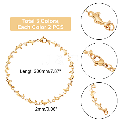 6Pcs 3 Color 304 Stainless Steel Dolphin Link Bracelets Set for Women BJEW-UN0001-23-1