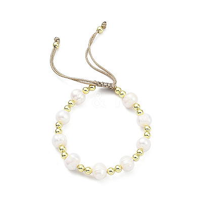 Adjustable Natural Pearl & Brass Braided Beaded Bracelet for Women BJEW-O187-01-1