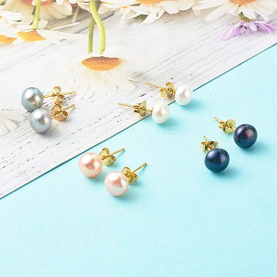 Natural Pearl Rondelle Stud Earrings EJEW-JE04585-1