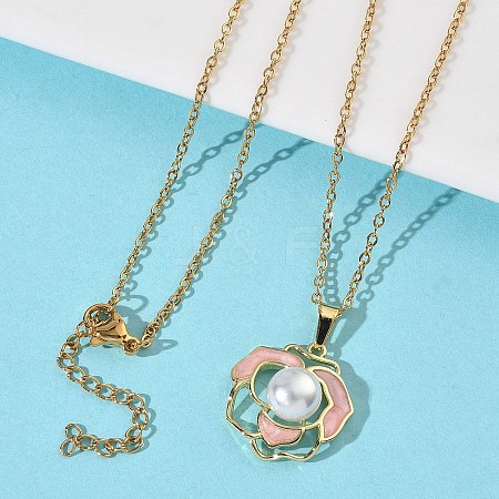 Brass Enamel Pink Flower Pendant 304 Stainless Steel Chain Necklaces for Women NJEW-D341-04G-1