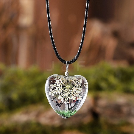 Heart Glass with Dried Flower Tree Inner Pendant Black Waxed Cord Necklaces FS-WG87A6D-06-1