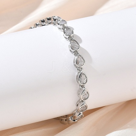 Teardrop Brass Micro Pave Clear Cubic Zirconia Link Chain Bracelets for Women BJEW-C156-07A-P-1