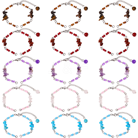 15Pcs 5 Styles Synthetic Turquoise & Natural Rose Quartz & Tiger Eye & Amethyst & Red Jasper Chips & Handmade Seed Beads Bracelet Making AJEW-SC0031-86-1