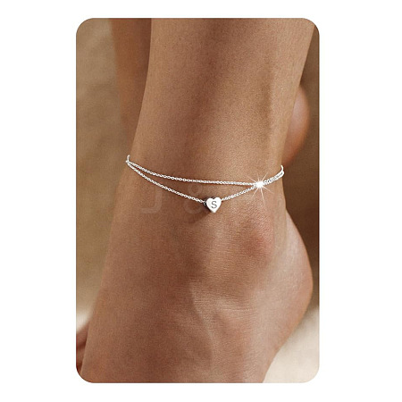 201 Stainless Steel Heart with Initial Charm Double Layer Anklets for Women FS-WG0EC0A-15-1