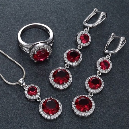 Flat Round Alloy Cubic Zirconia Pendant Necklaces & Hoop Earrings & Rings Sets FS-WG75211-05-1