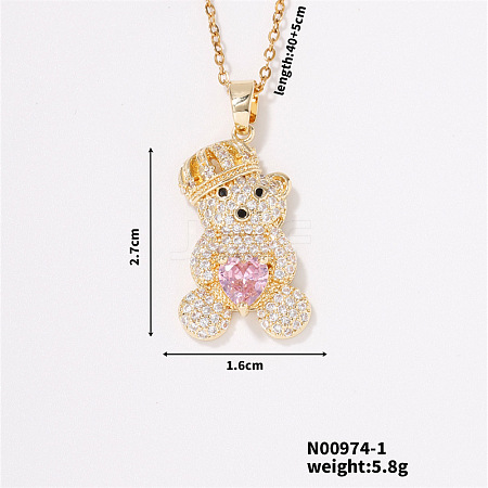 Brass Pave Clear Cubic Zirconia Cable Chain Bear Pendant Necklaces for Women NQ1992-1-1