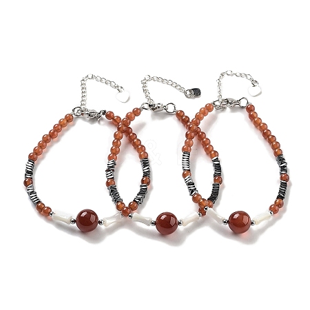 Natural Carnelian Round & Synthetic Non-magnetic Hematite & White Shell Beaded Bracelets for Women BJEW-K251-02C-1