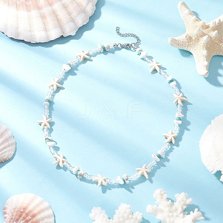 Starfish Synthetic Turquoise & Magnesite & Glass Seed Beaded Necklaces NJEW-JN05306-1