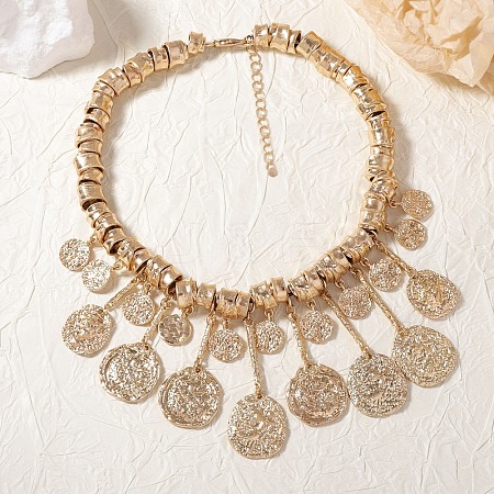 Zinc Alloy Textured Coin Tassel Bib Necklaces for Women FS-WG89C47-01-1
