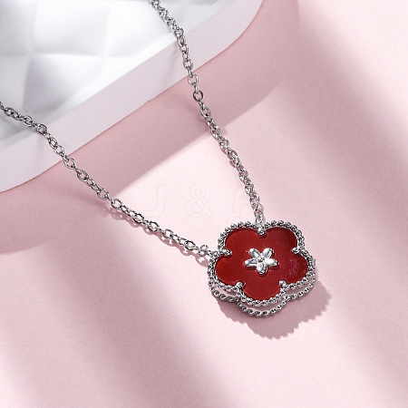 304 Stainless Steel Dark Red Enamel 5-Petal Flower Pendant Necklaces for Women NJEW-U032-17P-04-1