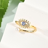 Evil Eye Brass Micro Pave Clear Cubic Zirconia Open Cuff Rings for Women. with ABS Plastic Imitation Pearl and Enamel RJEW-G343-20G-3