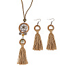 Bohemian Alloy & Wood & Cotton Cord Tassel Pendant Necklaces & Dangle Earrings Sets WGBB680-02-4