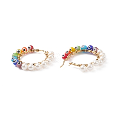 Shell Pearl & Evil Eye Lampwork Beaded Hoop Earrings EJEW-TA00115-1