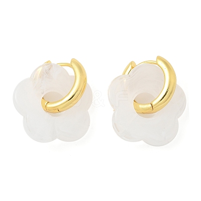 Brass Resin Flower Hoop Earrings for Women EJEW-U038-01G-07-1