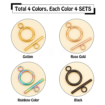16 Sets 4 Style Ion Plating(IP) 304 Stainless Steel Toggle Clasps STAS-DC0001-18-1