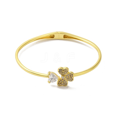 Rack Plating Brass Pave Clear Cubic Zirconia Clover & Heart Hinged Bangles BJEW-H616-01G-1